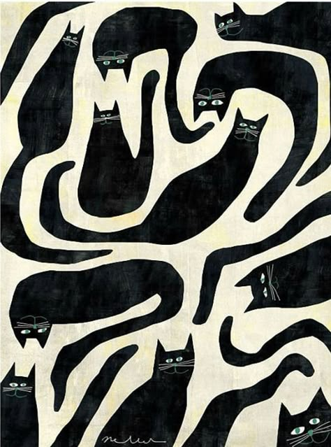 By Nelleke Verhoeff Black Cat Illustration, Whats Wallpaper, Illustration Cat, Cats Pattern, Black And White Print, Cats Illustration, Cat Painting, Pics Art, Black Cats