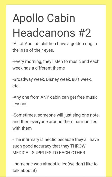 Apollo cabin headcanons 1/2 ☀️ Camp Half Blood Apollo Cabin, Pjo Headcanons Apollo Cabin, Cabin 3 Headcanons, Cabin 7 Apollo Headcanons, Apollo And Will Solace, Percy Jackson Cabin Headcanons, Between 1&2, Cabin 7 Headcannons, Cabin 7 Headcanons