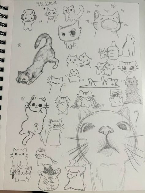 Kawaii Drawing Inspiration, Anime Cat Tutorial, Paper Cats Diy, Kawaii Sketches Easy, Cool Doodle Designs, How To Draw Cat Head, How To Draw Kitty, Drawing Ideas Animals Sketches Pencil, Cute Art To Draw