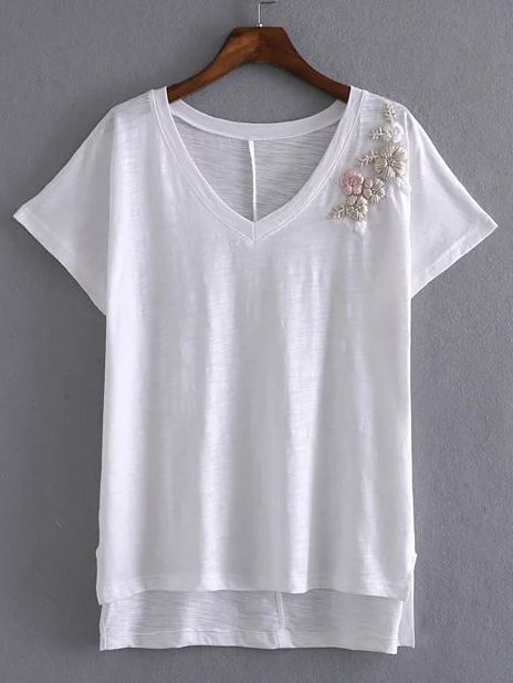 White V Neck Embroidered T-shirt -SheIn(Sheinside) White T, V Neck, Embroidery, T Shirts, Flowers, T Shirt, White, Clothes