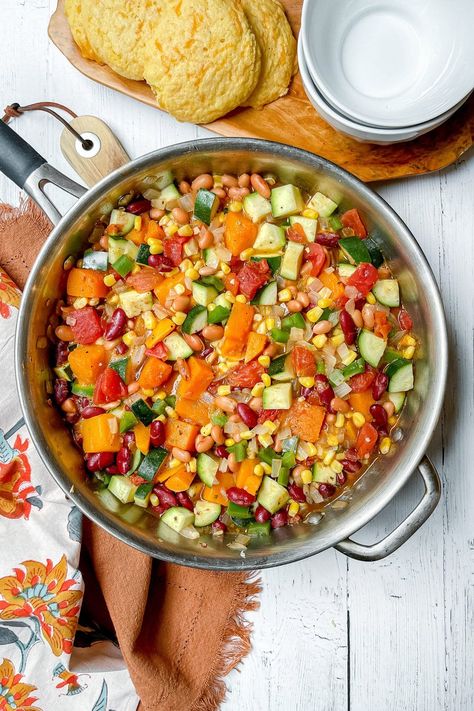 Three Sisters Stew is an easy-to-make, wholesome dish of vegetables gently stewed in a fragrant broth. With indigenous roots, this delicious dish is perfect to serve during harvest, for Thanksgiving, or on any chilly winter day. And, it's ready in under 30 minutes. Winter Vegetable Stew, 3 Sisters Stew, Three Sister Recipes, Three Sisters Stew Native American, 3 Sisters Recipes, 3 Sisters Soup Recipe, Three Sisters Recipes, Indigenous Meals, Harvest Stew Recipe