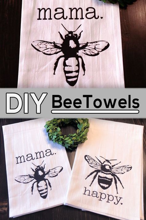 I made these tea towels a while ago and I love how they turned out, follow along and make your own with a free svg. Cricut Bee Projects, Bee Cricut, Towel Sayings, Silouette Cameo, Tea Towels Diy, Cricut Templates, Diy Techniques And Supplies, Diy Tea, Cricut Inspiration