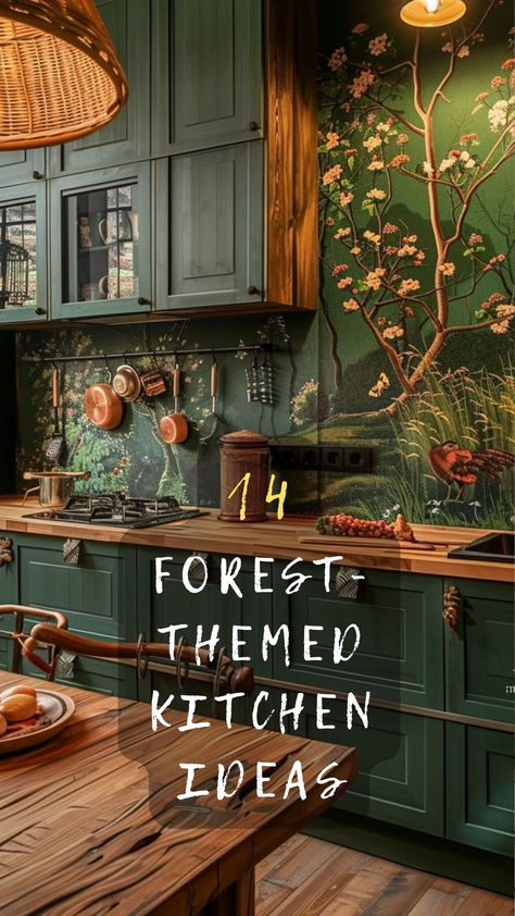 Transform Your Kitchen With These 14 Enchanting Forest-Themed Ideas. Curious How To Bring The Serenity Of Nature Indoors? Click To Explore And Get Inspired! 🌲🍴✨ #ForestKitchen #NatureInspired #KitchenIdeas #GetInspired #ExploreDecor Moody Green Kitchen Walls, Cottagecore Kitchen Inspiration, Kitchen Maximalist Decor, Enchanted Forest House Interior, Witchy Kitchen Ideas Bohemian, Nature Theme Interior Design, Cottagecore Galley Kitchen, Fairytale Kitchen Aesthetic, Wood Walls In Kitchen