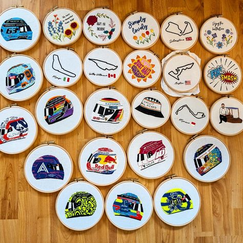 A friend asked how many F1 embroideries I've made now so I thought I would lay them all out for one pic 😁 most of these are on sale as DIY kits but some are no longer available! Which is your favourite of the lot? #F1artist #F1art #F1fans F1 Embroidery, F1 Drawing, F1 Art, Punch Needle, Embroidered Sweatshirts, Diy Kits, One Pic, Cross Stitch Embroidery, Embroidery Stitches