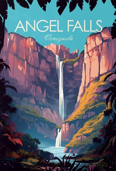 Angel Falls Venezuela, Nasa Art, Angel Falls, Travel Collage, Travel Poster Design, Architecture Poster, Fall Wall Art, Cute Cartoon Drawings, Cool Wallpapers Art