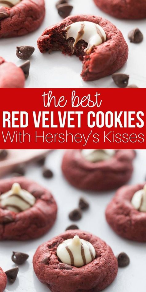 Hershey Hugs Cookies, Thumbprint Cookies Hershey Kiss, Velvet Cookies Recipe, Red Velvet Cookies Recipe, Hugs Cookies, Red Velvet Cookie Recipe, Hershey Recipes, Hershey Kiss Cookies, Hersheys Kisses