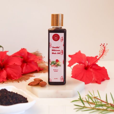 Hibiscus Product Photography, Herbal Hair Oil Label Design, Hair Oil Photography, Hibiscus Oil, Oil Photography, Hair Care Business, Herbs Image, Temple Jewellery Earrings, Ad Video