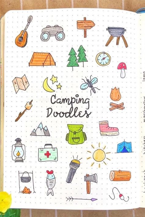 Check out these super cute bujo doodles for ideas! 🏕️ Doodle Ideas Creativity, Doodle Themes, Camping Doodles, Journal Doodle Ideas, Crazy Laura, Planet Drawing, Bujo Doodles, Doodle Ideas, Doodle Inspiration