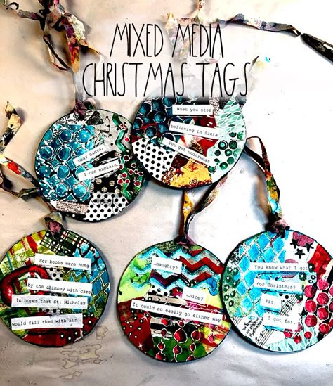 Chipboard coaster into mixed media Christmas tags tutorial. www.shawnpetite.com Mixed Media Christmas Cards, Christmas Mixed Media, Christmas Tags Handmade, Mixed Media Christmas, Mixed Media Diy, Art Trading Cards, Christmas Mix, Gel Printing, Mixed Media Crafts