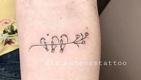 Bird Branch Tattoo, 3 Little Birds Tattoo, Three Little Birds Tattoo, Friends Tattoos, Motherhood Tattoos, Little Bird Tattoos, Butterfly Tattoo Stencil, Bird Tattoo Wrist, Tiny Wrist Tattoos