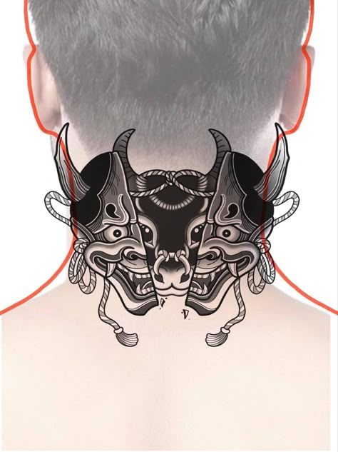 Japanese Throat Tattoo, လည်ပင်း Tattoo, Japanese Neck Tattoo, Tattoo Group, Oni Tattoo, Optical Illusion Tattoos, Illusion Tattoos, Animal Tattoo Ideas, Native Tattoos