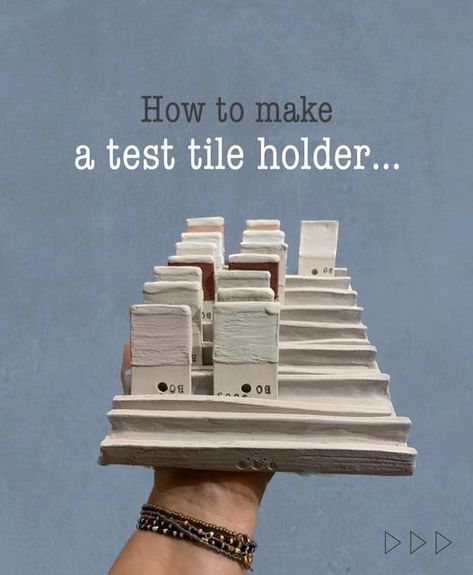 Trine Bentsen on Instagram: "••• how to make a test tile holder for your glaze firings 🔥 Follow 👉🏻 @keo.ceramics for more tips & tricks🫶🏻 If you want to see how your glazes move but you still want a flat test tile, then this might be the solution for you‼️♥️ I fire my test tiles this way so than I can still see how they would move on for instance a cup, but they are still flat so that I can hang them on a board in my studio 🤩 This is a great way to get an overview of all your glazes 😍" Ceramics Test Tiles, Test Tiles Glaze, Pottery Glaze Test Tiles, Ceramic Glaze Test Tiles, Pottery Test Tile Ideas, Glaze Test Tile Ideas, Ceramic Test Tiles Ideas, Glaze Test Tiles Display, Pottery Test Tiles