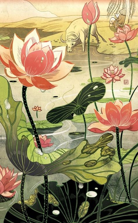 Once Upon A Blog...: Victo Ngai's Gorgeous Illustrations for Folio Society's… Chinese Fairy Tales, Victo Ngai, Chinese Fairy, The Pond, Water Lilies, Flowers And Leaves, Chinese Art, Asian Art, Japanese Art