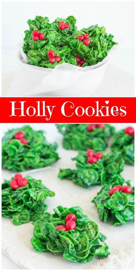 You should know that these Holly Cookies aren’t really cookies in the literal sense.  They’re more like Rice Krispie treats made with corn flakes instead of Rice Krispies– and with added green coloring.  The corn flakes are perfect for making these look like holly leaves.  Added cinnamon red hot candies act as berries for the holly. #holly #cookies #cornflake #cookierecipe #easychristmascookies #RecipeGirl Holly Cookies, Wreath Cookies, Christmas Food Desserts, Xmas Cookies, Christmas Sweets, Cookies Christmas, Christmas Snacks, Cookie Exchange, Cookies Decorated