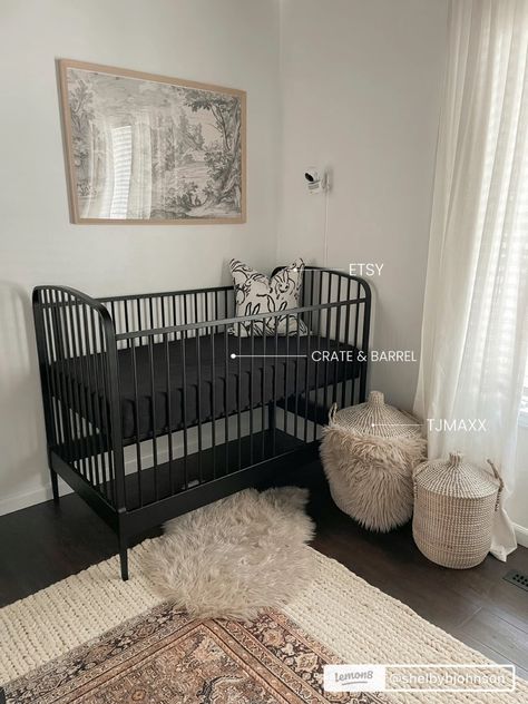 Black Crib Nursery Girl, Black Crib Nursery, Moody Nursery, Black Crib, Nursery Tour, Crib Nursery, Nursery Girl, Painted Ceiling, Toddler Room