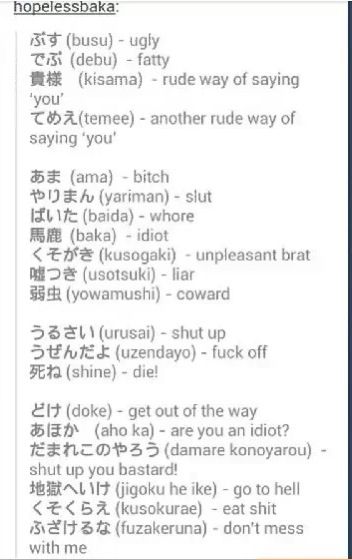 Wouldn't want to repeat any of these words! But useful to know if people r saying it :/ Learn Japan, Kanji Japanese, Bahasa Jepun, Materi Bahasa Jepang, Basic Japanese Words, Japanese Language Lessons, Learn Japanese Words, Learning Japanese, Japanese Quotes