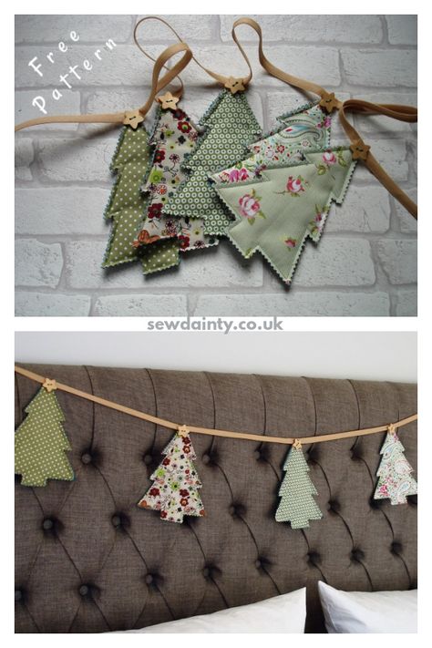 Christmas Tree Bunting Garland Free Sewing Pattern Bunting Tutorial, Bunting Pattern, Diy Christmas Tree Topper, Christmas Sewing Projects, Minimalist Christmas Tree, Fabric Christmas Trees, Folded Fabric Ornaments, Christmas Bunting, Quilted Christmas Ornaments