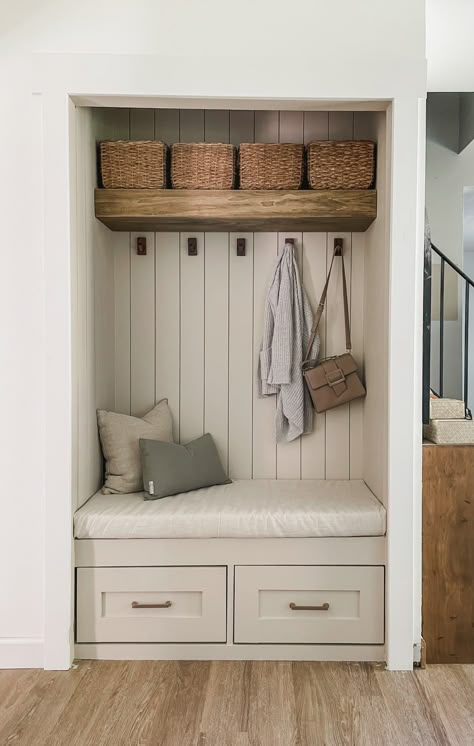 Front Closet Makeover, Closet Into Mudroom, Entry Closet Makeover, Mudroom Closet Makeover, Entryway Closet Makeover, Front Hall Closet, Small Mudroom Ideas, Mudroom Closet, Front Closet