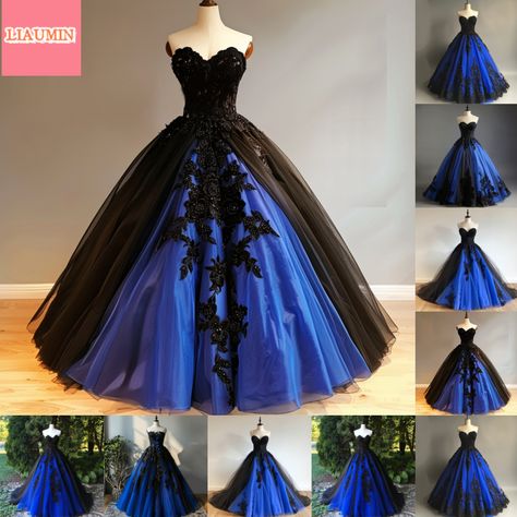 Black And Blue Wedding Dress, Corset Dress Formal, Story Clothes, Strapless Ball Gown, Gothic Dresses, Wedding 2025, Blue Wedding Dresses, Evening Formal, Gothic Dress