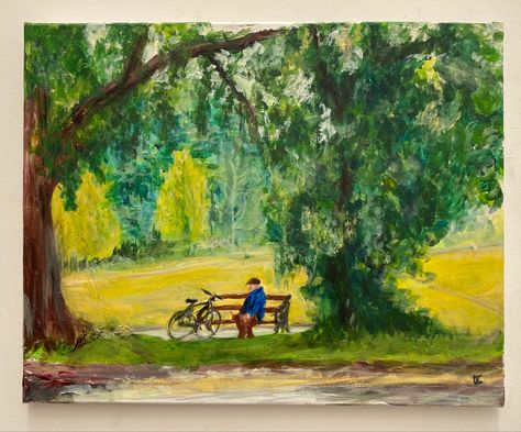 Acrylic painting by Digby Chacksfield of a view from the river Thet showing trees, green grass and bench with a man sitting next to his parked bicycle on the river bank Bench Art Painting, Bench Drawing, Sustained Investigation, Farm Photos, Farm Photo, Collage Ideas, River Bank, Man Sitting, Man Bike