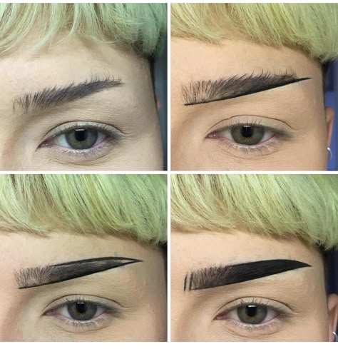 Half Shaved Eyebrows Goth, Unique Eyebrow Shapes, Punk Eyebrows, Alt Eyebrow Tutorial, Goth Eyebrow Shapes, Pointy Eyebrows, Pointed Eyebrows, Straight Eyebrows Tutorial, Goth Brows