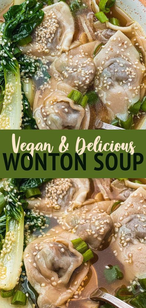 Delicious vegan wonton soup with mushrooms and Pak Cho, inspired by the traditional Chinese comfort food. Learn how to make homemade wontons from scratch, and enjoy in a flavorful umami broth for a cozy dinner. Also freezer-friendly! Vegan Wonton, Homemade Wontons, Pho Soup Recipe, Vegan Noodle Soup, Soup With Mushrooms, Wonton Soup Recipe, Vegan Fries, Wonton Recipes, Flavorful Vegetables