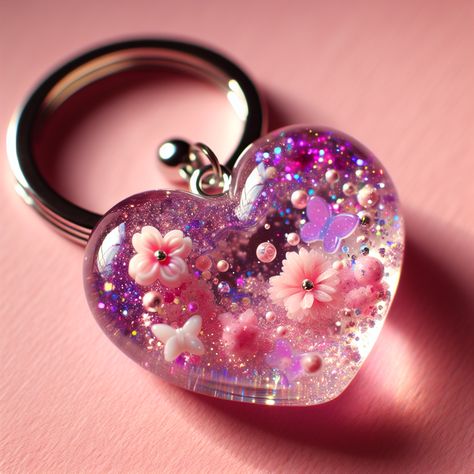 Behold this cute, heart-shaped resin keychain! Adorned with sparkly pink & purple shades, tiny flowers, stars & butterflies encapsulated within. Glossy finish plus silver metal ring adds teen allure. #ResinArt #TeenAccessories #HeartKeychain #PinkPurple #AdorableGifts #WhimsicalDesign Resin Art Keychain, Resin Art Pendant, Art Keychain, Whimsical Heart, Purple Shades, Resin Keychain, Resin Ideas, Abstract Iphone Wallpaper, Keychain Design