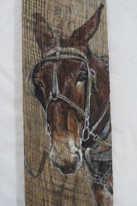 Mule Painting, Painting On Old Wood, Carving Letters In Wood, Mules Animal, Donkey Drawing, Barn Wood Art, Farm Animal Paintings, Buffalo Art, Rustic Painting