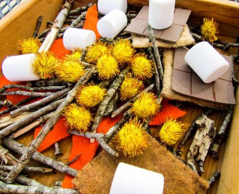 S’mores Sensory Bin, Camp Theme Sensory Bin, Sensory Camping Activities, Smores Sensory Bin, Bonfire Preschool Activities, Camp Sensory Bin, Campfire Sensory Bin, Camping Activity Preschool, Fall Leaves Sensory Bin