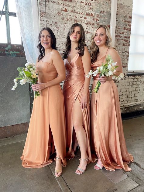 Dresses and Gowns Archives | David's Bridal Blog Bridesmaid Palette, Bridesmaid Color Palette, Bridesmaid Color, Different Bridesmaid Dresses, Country Bridesmaid Dresses, Peach Bridesmaid Dresses, Orange Bridesmaid, Fall Wedding Color Palette, Fall Bridesmaids