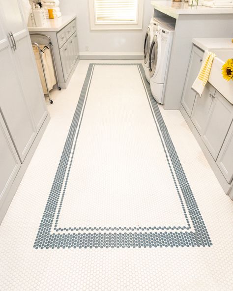 Floor Border Design, Penny Round Tile Bathroom, Penny Tile Floor, Penny Tiles Bathroom, Room Tiles Floor, Contemporary Laundry Room, Utility Room Organization, Penny Tile Floors, Laundry Room Tile