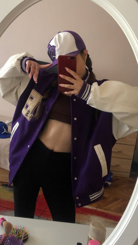 Purple Varsity Jacket Outfit, Purple Letterman Jacket, Varsity Jacket Aesthetic, Letterman Jacket Outfit, Varsity Outfit, Custom Varsity Jackets, Senior Jackets, Varsity Jacket Outfit, Wearing Purple