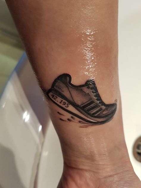 Running Shoe Tattoo, Running Shoe Tattoo Ideas, Runners High Tattoo, Runners Tattoo, Cute Running Tattoos, Running Tattoos For Women Runners, Run Tattoo Ideas Runners, Runners Tattoo Ideas Running, Running Shoes Tattoo