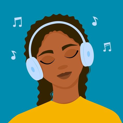 A dark-skinned girl listens to music with headphones, closing her eyes. Vector illustration. Headphones Illustration, Akg Headphones, Sony Earphones, Music With Headphones, Eyes Vector, Music Vector, Blending Sounds, Gaming Headphones, Noise Cancelling Headphones