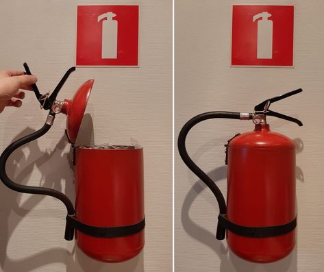 made a trashcan of an old fire extinguisher. HERM Fire Extinguisher Ideas Diy, Diy Fire Extinguisher, Firefighter Crafts, Firefighter Decor, Diy Home Bar, Diy Crafts Hacks, Crafts Hacks, Fire Safety, Fire Extinguisher