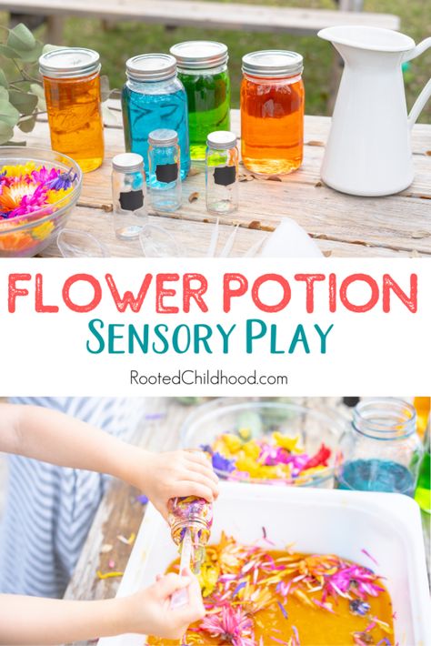 Flower Potion Sensory Play Spring Invitation To Play, Tea Sensory Play, Flower Science For Toddlers, Crafts To Play With, Flower Potions Preschool, Plant Sensory Activities, Flower Soup Sensory, Flowers Sensory Play, Sensory Play Party