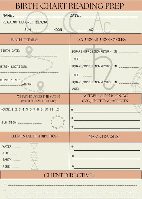 Quickly organize for your birth chart readings with this helpful Astrologer's planner. A concise form that highlights the key questions to be answered and developed to give an effective birth chart reading. Birth Chart Astrology Template, Birth Chart Astrology Reading, Spirituality Energy Universe, Birth Chart Reading, Birth Chart Analysis, Client Intake Form, Energy Universe, Tarot Business, Journal Binder