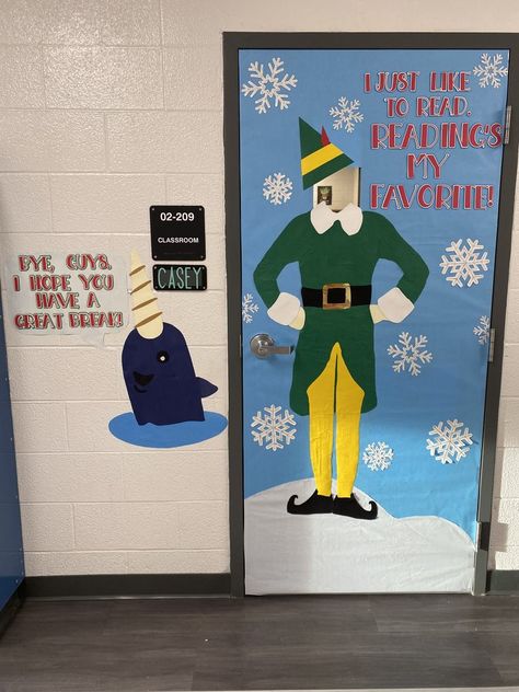 Elf Holiday Door — Casa de Casey Elf Hallway Decorations, Elf Movie Hallway Decorations School, Elf Movie Classroom Door, I Want A Hippopotamus For Christmas Door, Buddy The Elf Door Decorations Classroom, Buddy The Elf Classroom Door, Elf Door Decorating Contest, Elf Christmas Door Decorations, Elf Door Ideas