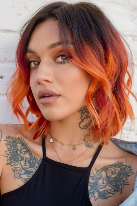 Orange Bob Hairstyles, Fire Ombre Hair Short, Orange Hair With Dark Roots, Red To Orange Ombre Hair, Copper Hair With Dark Roots Brown, Short Fall Hair Color Ideas, Fire Ombre Hair, Orange Ombre Hair, Orange Bob