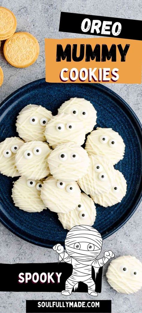 Only three ingredients go into these not-so-scary Oreo Mummy Cookies! Dip Oreo Cookies in melted chocolate, attach candy eyes, and drizzle with white chocolate for the mummy bandage effect. The cookies make for a super easy, fun, and delicious treat for Halloween! Halloween Oreo Treats, Mummy Cookies, Oreo Treats, Oreo Cookies Dipped, Halloween Cookie Recipes, Candy Eyes, Idea For Halloween, Cute Snacks, Decadent Cakes