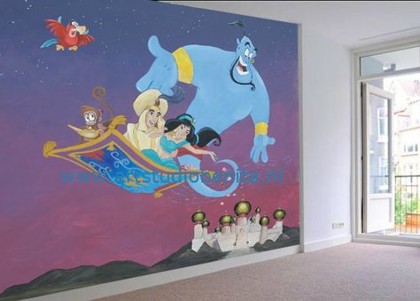 muurschildering Aladdin Room Mural Ideas, Painting Decoration Ideas, Kids Room Mural, Disney Wall Murals, Hand Painted Murals, Disney Princess Room, Boy Nursery Themes, Disney World Travel, Girl Nursery Themes