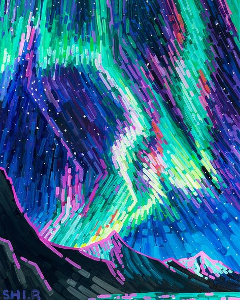 Spa Mural, Starry Night Nursery, Aurora Borealis Tattoo, Northern Lights Artwork, Aurora Painting, Aurora Borealis Painting, Moodboard Pics, Aurora Borealis Art, Stars Painting