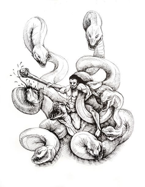 A tattoo sketch concept of Hercules fighting the hydra Hercules Hydra Tattoo, Hydra Tattoo Greek Mythology, Hercules Vs Hydra, Hydra Tattoo, Ancient Greek Tattoo, Hercules Tattoo, Greek Ideas, Greek Tattoo, Mythology Tattoos