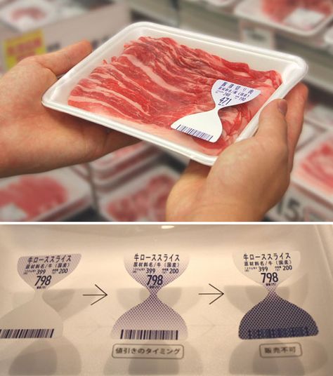 Freshness Label: Japanese design agency To-Genkyo proposes a dynamic freshness label for meat products. The hourglass-shaped label contains special ink that changes color based on the amount of ammonia emitted by the meat (the older the meat, the more ammonia it releases). Elegant detail: When the meat is no longer suitable for sale, the ink blocks the barcode at the bottom so that it cannot be scanned at the cash register. Smart Packaging, Innovative Packaging, Graphic Design Company, Packing Design, Food Packaging Design, Sustainable Packaging, Creative Packaging, Food Labels, Food Safety