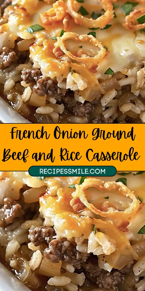 This French Onion Ground Beef and Rice Casserole is a comforting one-pan meal that combines caramelized onions, seasoned ground beef, fluffy rice, and savory beef broth, all topped with melted Swiss cheese and crispy French fried onions. A perfect family dinner or weeknight meal that's both flavorful and satisfying. French Onion And Ground Beef Rice, Ground Beef French Dip, Comfort Rice Dishes, French Onion And Rice Casserole, Cajun Beef Casserole, Hamburg Dinner Recipes, French Onion And Beef Rice Casserole, French Onion Broccoli Casserole, Yummy Meals With Ground Beef