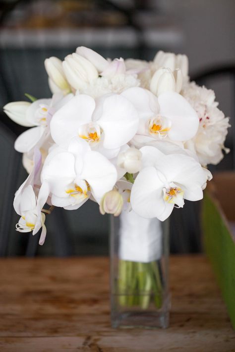 Bridal Bouquet with white orchids and tulips. #wedding #bouquet #whiteorchid Orchid And Tulip Bouquet, Tulips Wedding Bouquet, Entourage Flowers, Tulips Wedding, Orchid Bouquet, Event Planning Ideas, Tulip Bouquet, White Orchids, Bouquet Ideas