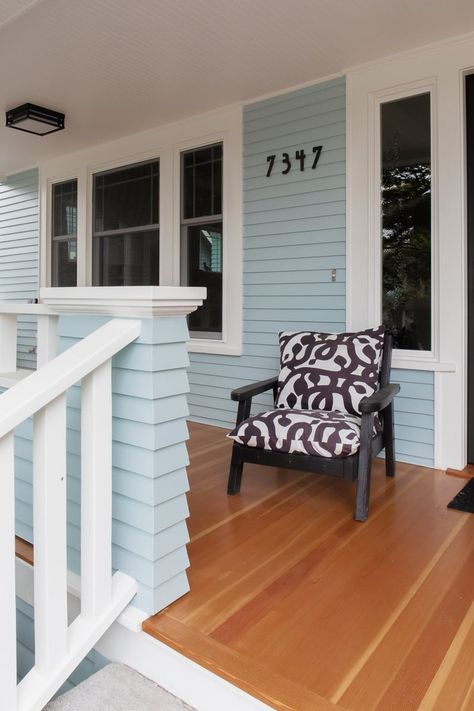 Yarmouth Blue Bungalow by The Phinery - The Phinery Beach House Windows Exterior, Buxton Blue Benjamin Moore Exterior, Yarmouth Blue Benjamin Moore Exterior, Bm Yarmouth Blue, Beach House Paint Colors Exterior Home, Light Blue Farmhouse Exterior, Baby Blue House Exterior, Coastal House Colors Exterior, Light Blue House Exterior Colour Schemes