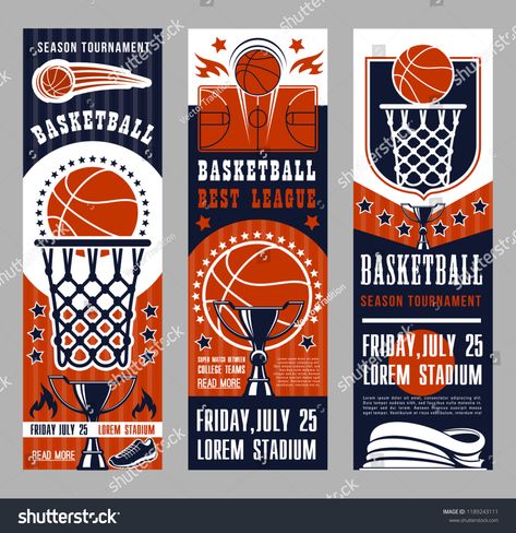 Basketball league tournament vector banners. Symbols of basketball sport team game as baskets on backboards, courts and ball, prize cup and playing field, sportive shoes and winning trophies leaflets #Ad , #AD, #sport#basketball#team#baskets Game Day Banner, Basketball Banners, Team Banner, Vector Game, Sport Poster Design, Basketball Season, Basketball Tournament, Gaming Banner, Basketball Design