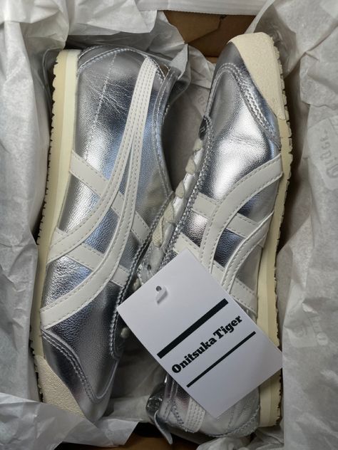 Onitsuka Tiger silver Silver Metallic Shoes, Summer Shopping List, Tiger Shoes, Tiger Mexico 66, Onitsuka Tiger Mexico 66, Mexico 66, Silver Sneakers, Street Fashion Men Streetwear, Stylish Clothes