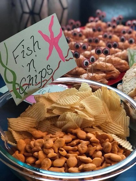 Fish and chips for Mila’s 2nd ocean themed birthday party Fish And Chips Party Food, Chip Themed Party, Ocean Themes Party, Shark And Fish Birthday Party, Fishing Birthday Party Menu, Shark Themed Birthday Party Boys, Ocean Themed Brunch, Sea Life Party Ideas, Diy Sea Turtle Party Decorations